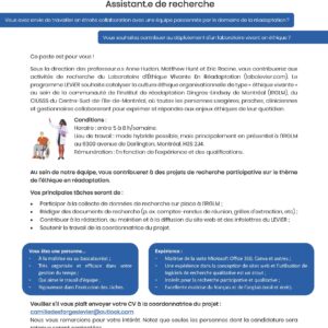 Offre d’emploi – Assistante ou assistant de recherche : LEVIER – Laboratoire d’éthique vivante en réadaptation