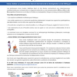 Offre de stage postdoctoral : LEVIER – Laboratoire d’éthique vivante en réadaptation